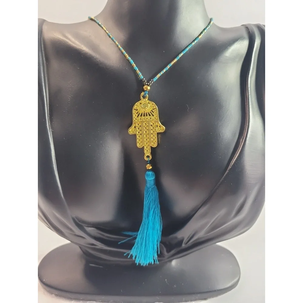 Gold Tone Hamsa Hand Blue Tassel Necklace Beaded Boho Evil Eye Protection